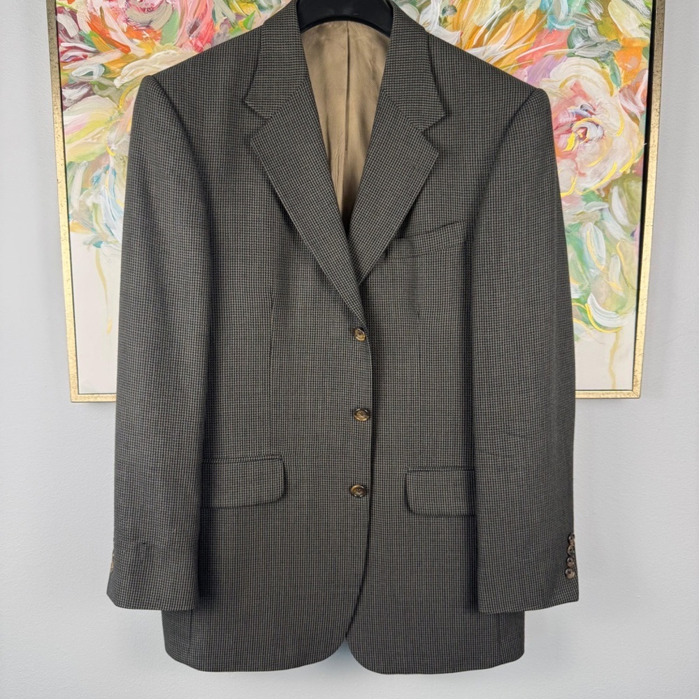 Oscar de la Renta 40L Wool Blazer Sport Coat Gray Houndstooth Classic 3-Button